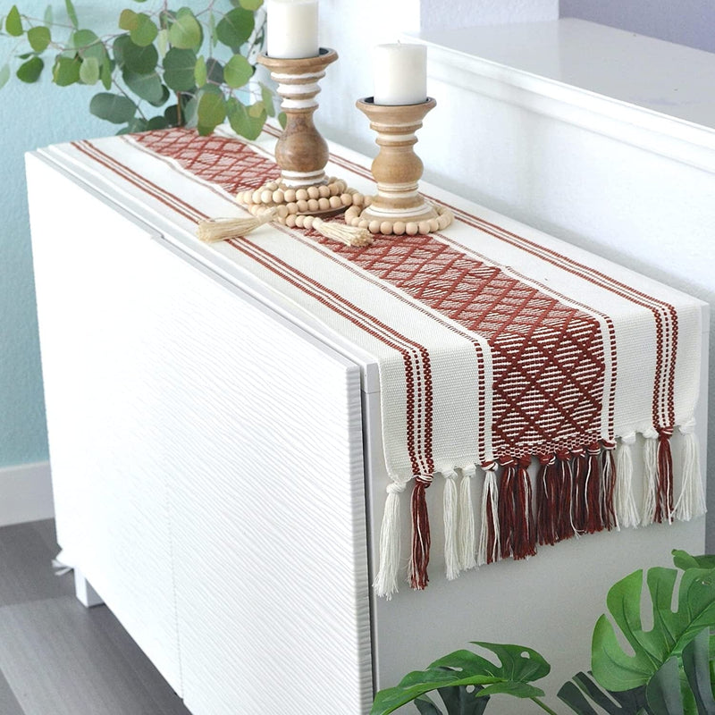 Boho Small Coffee or Dining Table Runner with Tassels 14 X 48 Inches, Blue & Cream | Woven Washable Dresser Scarf for Bedroom | Farmhouse Table Topper Centerpiece Decorations Home & Garden > Decor > Seasonal & Holiday Decorations Oveesha Rust Brown 14 x 48 inches 
