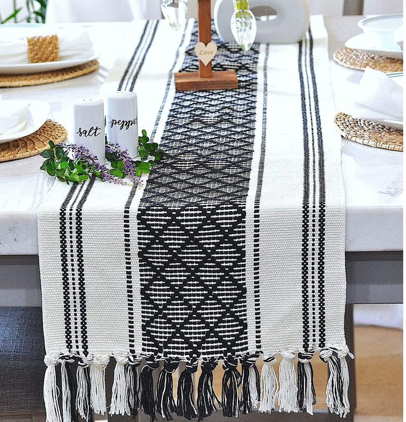 Boho Small Coffee or Dining Table Runner with Tassels 14 X 48 Inches, Blue & Cream | Woven Washable Dresser Scarf for Bedroom | Farmhouse Table Topper Centerpiece Decorations Home & Garden > Decor > Seasonal & Holiday Decorations Oveesha Black 14 x 72 Inches 