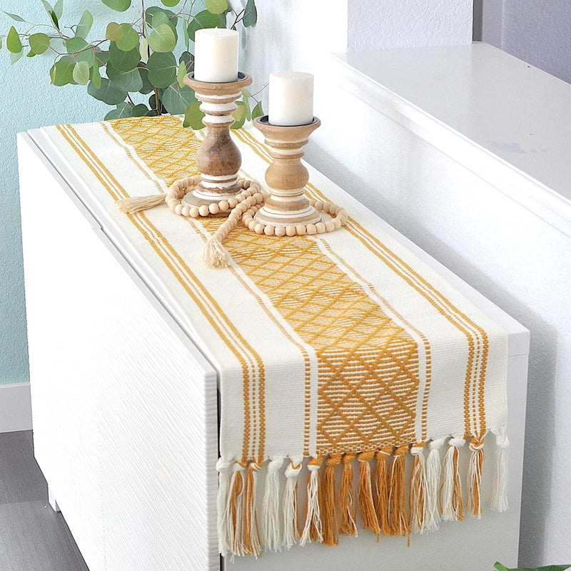 Boho Small Coffee or Dining Table Runner with Tassels 14 X 48 Inches, Blue & Cream | Woven Washable Dresser Scarf for Bedroom | Farmhouse Table Topper Centerpiece Decorations Home & Garden > Decor > Seasonal & Holiday Decorations Oveesha Mustard Yellow 14 x 48 inches 