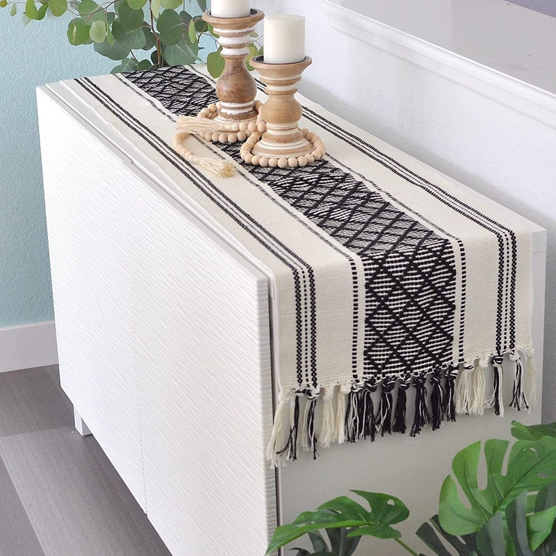 Boho Small Coffee or Dining Table Runner with Tassels 14 X 48 Inches, Blue & Cream | Woven Washable Dresser Scarf for Bedroom | Farmhouse Table Topper Centerpiece Decorations Home & Garden > Decor > Seasonal & Holiday Decorations Oveesha Black 14 x 48 inches 