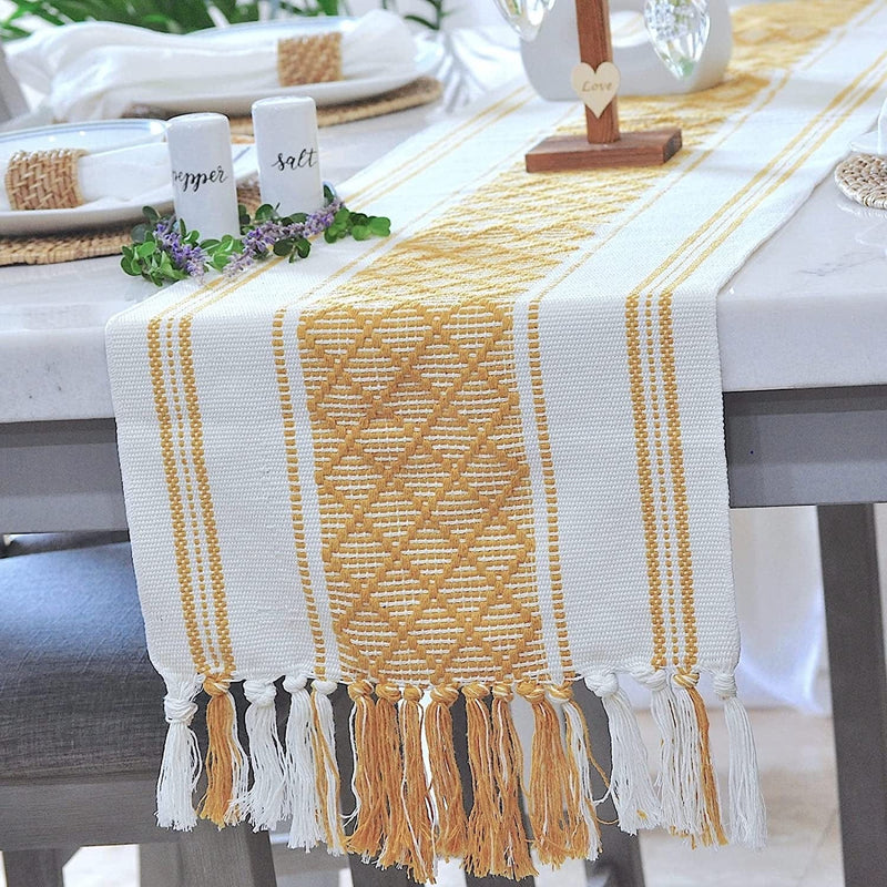 Boho Small Coffee or Dining Table Runner with Tassels 14 X 48 Inches, Blue & Cream | Woven Washable Dresser Scarf for Bedroom | Farmhouse Table Topper Centerpiece Decorations Home & Garden > Decor > Seasonal & Holiday Decorations Oveesha Mustard Yellow 14 x 72 Inches 