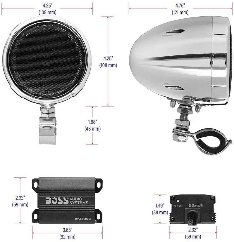 BOSS Audio Systems MC420B Motorcycle Speaker System – Class D Compact Amplifier, 3 Inch Weatherproof Speakers, Volume Control, Great for ATVs, Motorcycles and All 12 Volt Vehicles