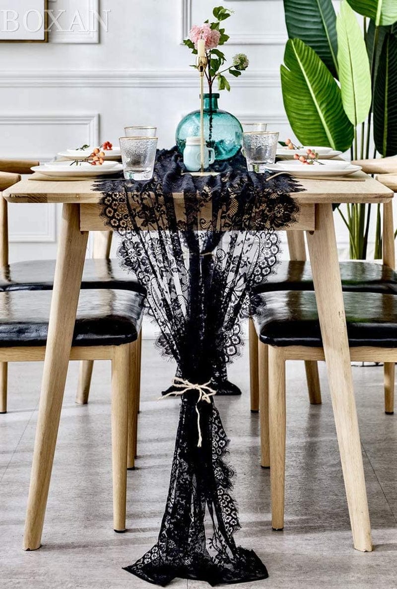 BOXAN 30X120 Inch Mysterious Black Lace Table Runner Boho Thanksgiving Lace Runner, Rustic Wedding Decorations, Lightweight Table Cover for Birthday Party Supplies Wedding Anniversary Party Decor Home & Garden > Decor > Seasonal & Holiday Decorations Shenzhen City Mingxi Technology Co.,Ltd   