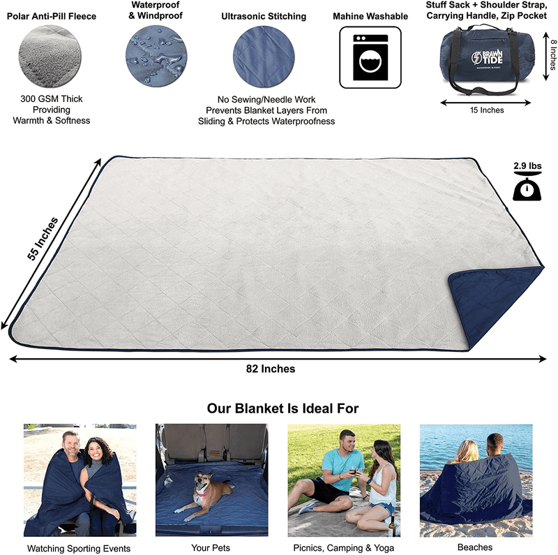 Brawntide Large Outdoor Waterproof Blanket - Quilted, Extra Thick Fleece, Warm, Windproof, Sandproof, Includes Stuff Sack, Shoulder Strap, Ideal Blanket for Beaches, Picnics, Camping, Stadiums, Dogs Home & Garden > Lawn & Garden > Outdoor Living > Outdoor Blankets > Picnic Blankets BRAWNTIDE   
