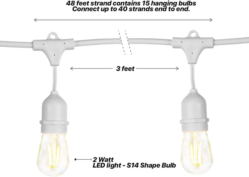 Brightech Ambience Pro LED String Lights - 48 Ft Commercial Grade Waterproof Patio Lights with Vintage Edison Bulbs - White Porch String Lights for Outdoors, Backyard, Wedding - 2W, Heavy Duty Home & Garden > Lighting > Light Ropes & Strings Brightech   