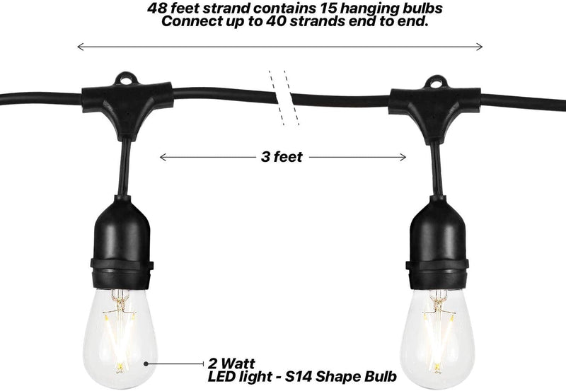Brightech Ambience Pro Outdoor String Lights - Commercial Grade Waterproof Patio Lights with 48 Ft Dimmable Edison Bulbs - Heavy Duty LED Porch String Lights - 2W LED, Warm White Light Home & Garden > Lighting > Light Ropes & Strings Brightech   