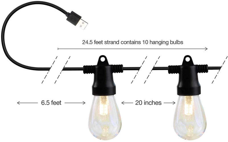 Brightech Ambience Pro USB Powered String Lights - 24 Ft Commercial Grade Waterproof String Lights - Outdoor Shatterproof Patio Lights for Backyard, Porch - 1.5W LED Soft White Light