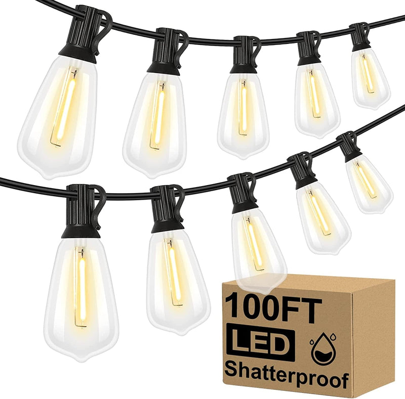 Brightever LED Outdoor String Lights 100FT Patio Lights with 52 Shatterproof ST38 Vintage Edison Bulbs, outside Hanging Lights Waterproof for Porch, Deck, Garden, Backyard, Balcony, 2700K Dimmable