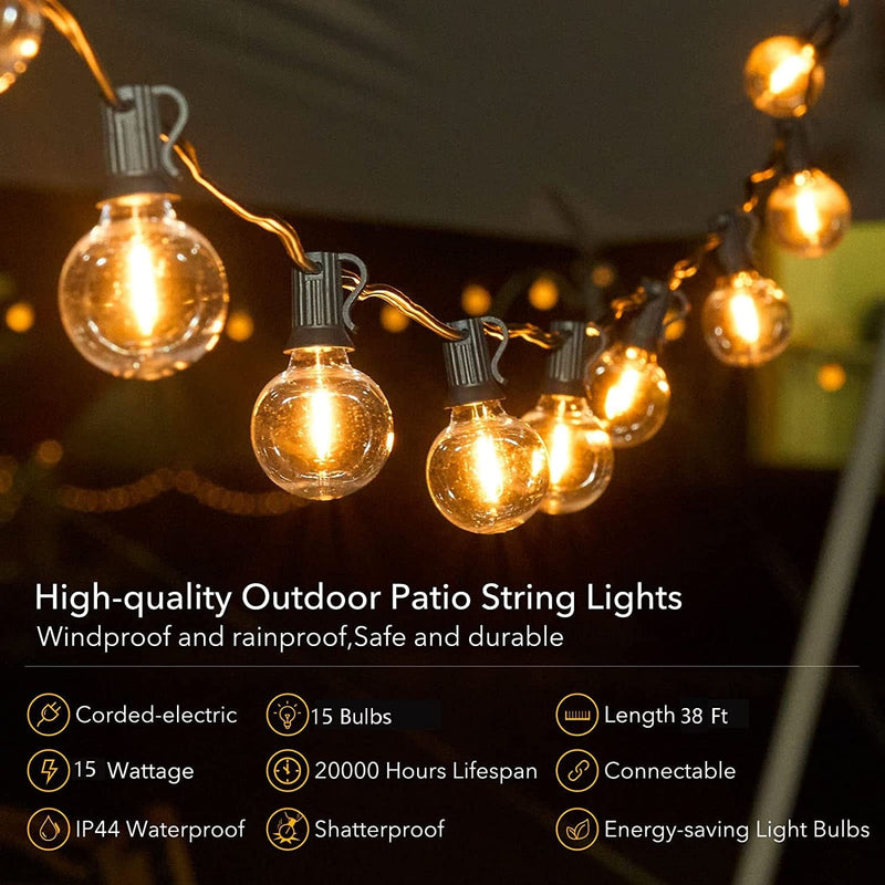 Brightown Outdoor String Lights 38FT(30+8) - LED String Lights G40 Globe Patio Lights Energy Saving with 15 LED Bulbs, Shatterproof Hanging Outdoor Lights for Christmas outside Garden Backyard Cafe Home & Garden > Lighting > Light Ropes & Strings Brightown   