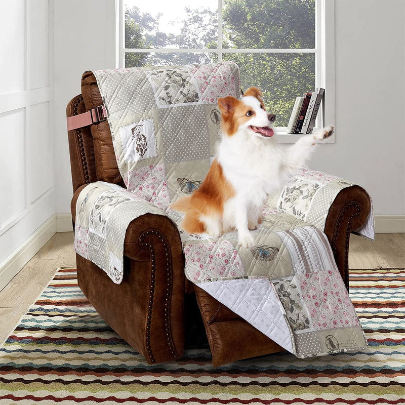 Brilliant Sunshine Grey Angel and Pink Rose Patchwork Reversible Large Sofa Protector for Seat Width up to 70", Furniture Slipcover, 2" Strap, Couch Slip Cover for Pets, Kids, Dogs, Sofa, Pink Grey Home & Garden > Decor > Chair & Sofa Cushions Brilliant Sunshine Pink Grey 28" Oversized Recliner Slipcover 