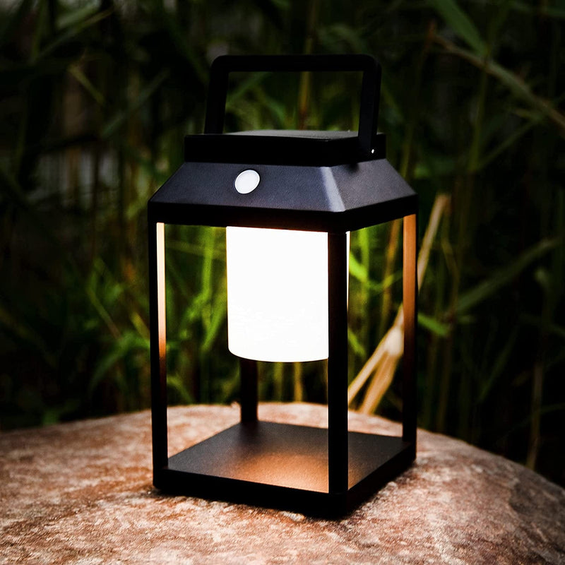BRIMMEL Solar Outdoor Lantern Aluminum LED Portable Rechargeable Solar Table Lamp 35W 3000K Outdoor Nightstand Lamp IP44 Waterproof Cordless Touch Control USB Solar 2 in 1 Hand Light for Patio, Black