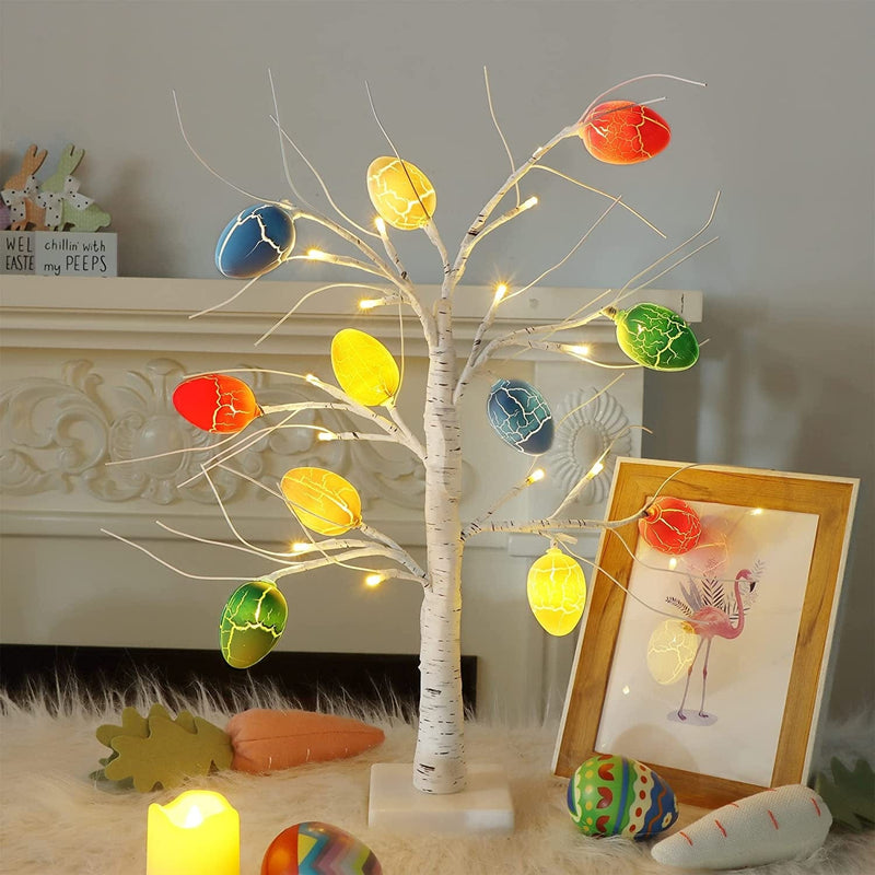 Brwoynn 20 Inch Lighted Birch Tree with 19 Pcs Easter Egg Ornament, Pre-Lit White Birch Twig Tree Lights, Easter Decorations Tabletop Tree Lights