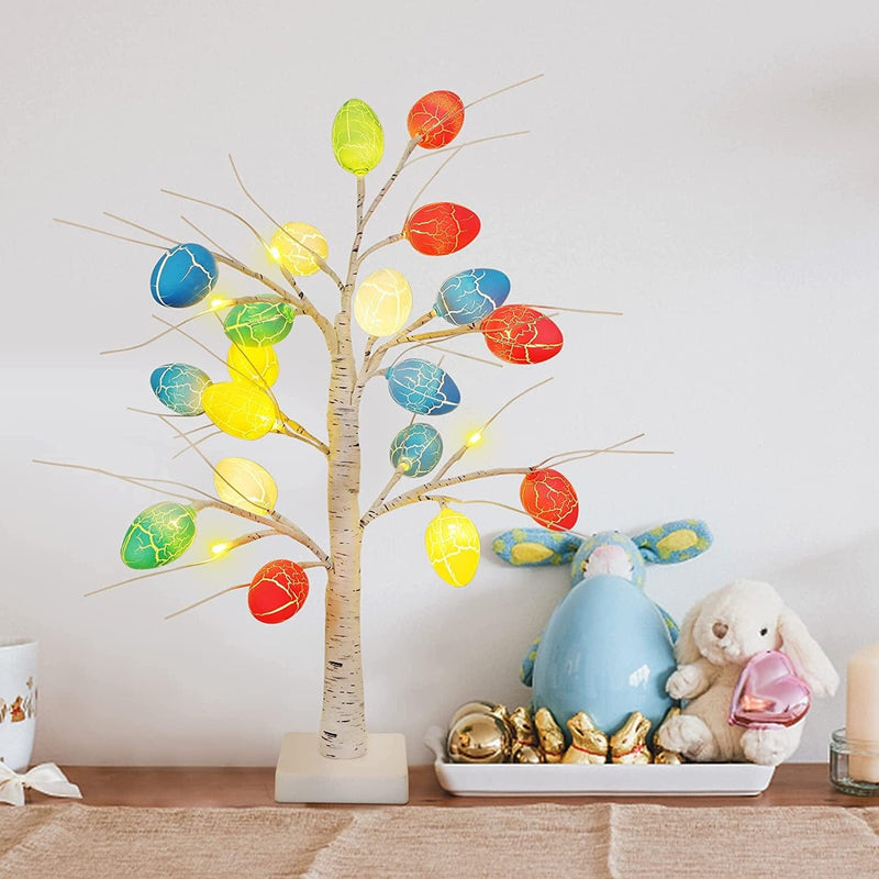 Brwoynn 20 Inch Lighted Birch Tree with 19 Pcs Easter Egg Ornament, Pre-Lit White Birch Twig Tree Lights, Easter Decorations Tabletop Tree Lights