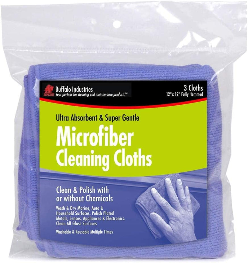 Buffalo Industries (64000 12" X 12" Ultra Absorbent, Gentle Microfiber Cleaning Cloths, Pack of 3 - Ultra-Fine Fibers Pick up Dirt and Polish Fine Finishes, Glass, Electronics, Appliances, Furniture