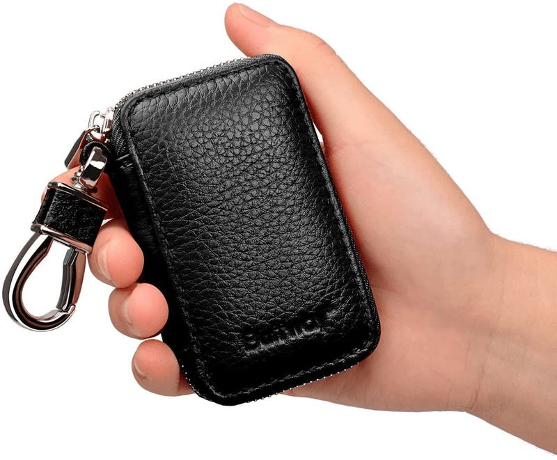 Buffway Car Key case,Genuine Leather Car Smart Key Chain Keychain Holder Metal Hook and Keyring Zipper Bag for Remote Key Fob - Black  Buffway   