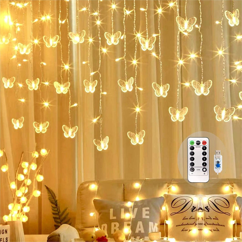 Butterfly Curtain Fairy Lights USB Plug In,8 Modes 120 LED 19.7FT Firefly Twinkle Timer String Lights with Remote, Waterproof Copper Wire for Bedroom Patio Christmas Wedding Party Dorm(Multicolor)