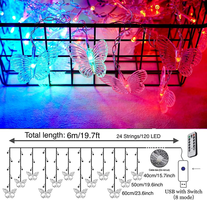 Butterfly Curtain Fairy Lights USB Plug In,8 Modes 120 LED 19.7FT Firefly Twinkle Timer String Lights with Remote, Waterproof Copper Wire for Bedroom Patio Christmas Wedding Party Dorm(Multicolor) Home & Garden > Lighting > Light Ropes & Strings FELISHINE   
