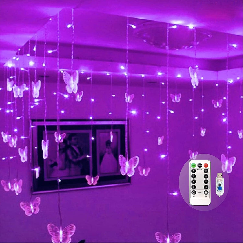 Butterfly Curtain Fairy Lights USB Plug In,8 Modes 120 LED 19.7FT Firefly Twinkle Timer String Lights with Remote, Waterproof Copper Wire for Bedroom Patio Christmas Wedding Party Dorm(Multicolor) Home & Garden > Lighting > Light Ropes & Strings FELISHINE Purple  