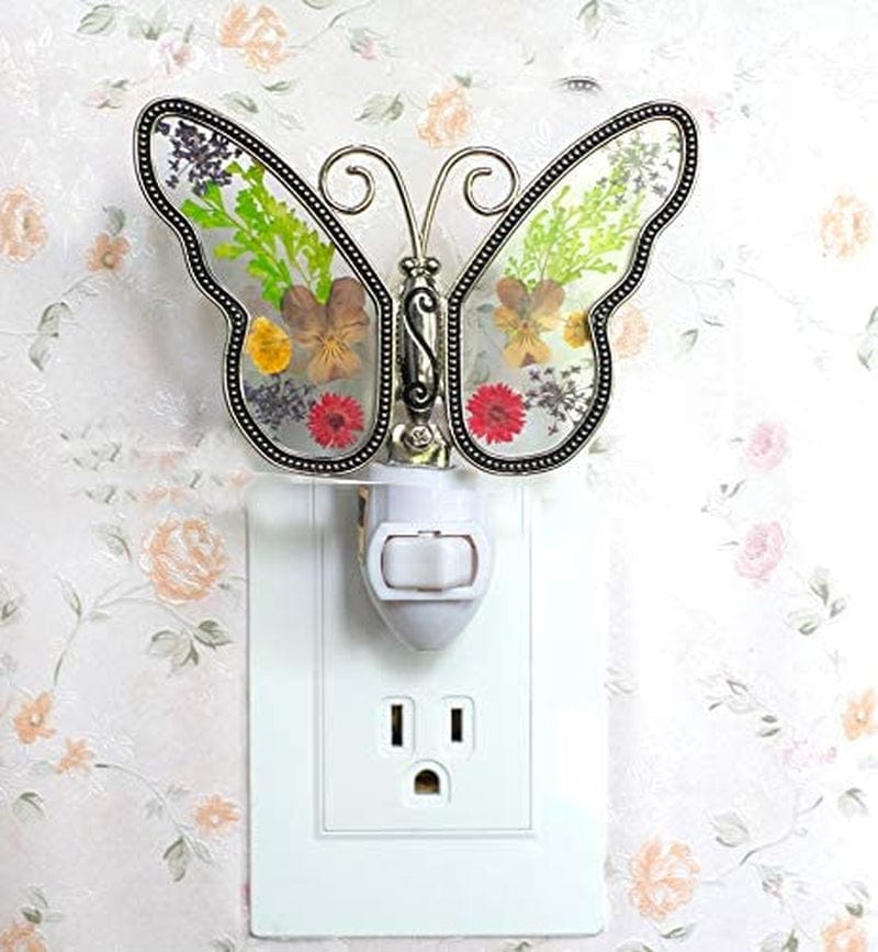 Butterfly Stained Glass Night Light Flower in Glass with Metal Trim Butterfly Night Light Nursery Bedroom Bathroom Decorative Accent Lite Elegant Home Decoration, Guardian Butte Gift Color Boxes!