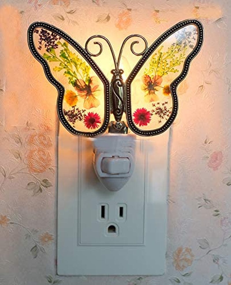 Butterfly Stained Glass Night Light Flower in Glass with Metal Trim Butterfly Night Light Nursery Bedroom Bathroom Decorative Accent Lite Elegant Home Decoration, Guardian Butte Gift Color Boxes!