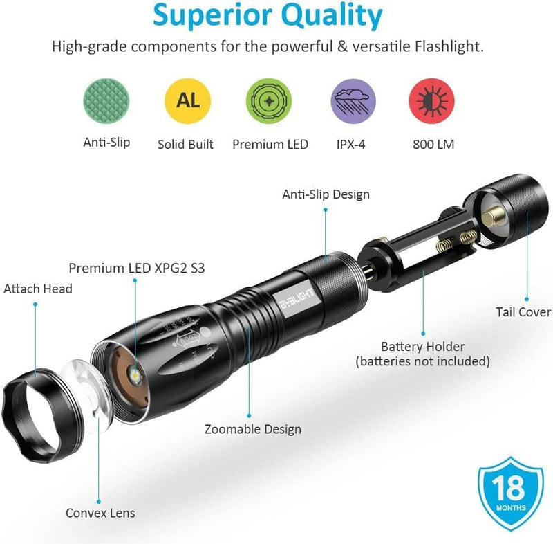 BYBLIGHT Pack of 4 Tactical Flashlights, 800 Lumen Ultra Bright LED Flashlight with 5 Modes, Zoomable, Waterproof, Handheld Small Flashlight for Outdoor Camping, Fishing and Hunting (Colorful) Hardware > Tools > Flashlights & Headlamps > Flashlights BYBLIGHT   
