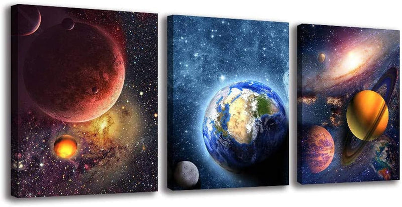 BYXART Wall Art for Bedroom - Outer Space Canvas Wall Art Universe Posters and Prints Artwork for Office Wall Décor Planet Pictures Kids Wall Art for Boys Bedroom Decorations Home & Garden > Decor > Artwork > Posters, Prints, & Visual Artwork BYXART Space Canvas Wall Art 12x16inx3 