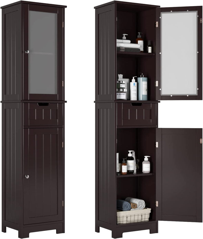 HORSTORS Bathroom Cabinet, Storage Cabinet with 2 Door & 1 Drawer, Floor Freestanding Cabinet with Adjustable Shelves, Narrow Tall Cabinet for Bathroom, Living Room, Bedroom, Dark Brown