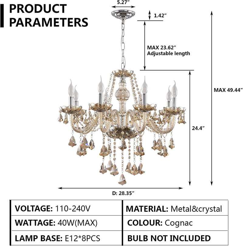 Zaqtan Luxurious 8 Lights Crystal Chandelier with Metal Frame 8 Arms Candles Vintage Hanging Light Fixture Pendant Ceiling Lamp Raindrop 28" X L49 (Cognac, 8 Lights) Home & Garden > Lighting > Lighting Fixtures > Chandeliers Zaqtan Lighting   