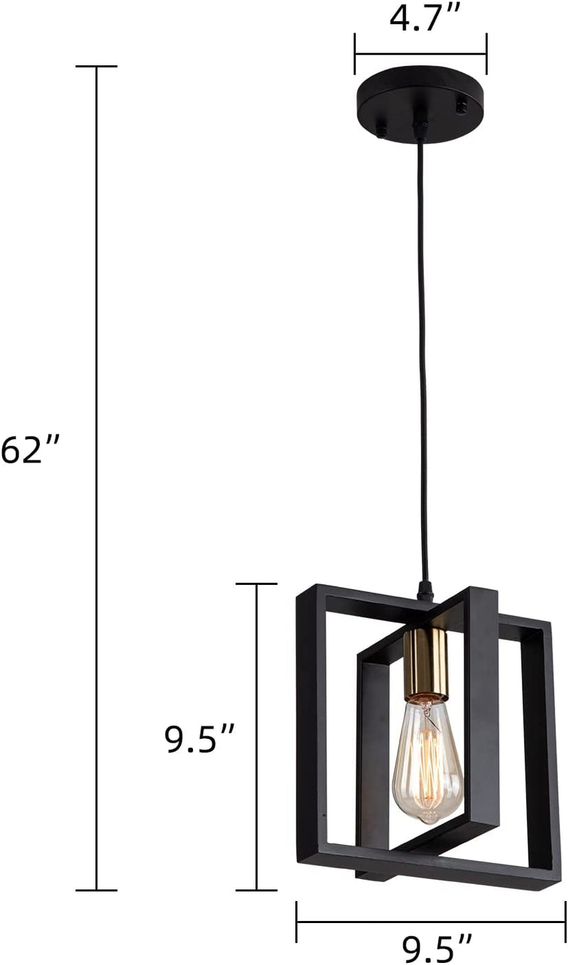 Farmhouse Small Pendant Light Fixture,Kitchen Island Hanging Lamp with Cord, Black+Gold Finish, Wood Frame Chandelier for Hallway Entryway Closet Bedroom,9.5 Inch,E26.
