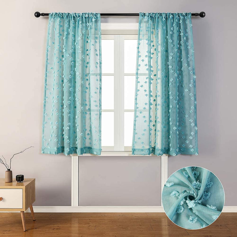 MYSKY HOME Pink Pom Pom Sheer Curtains for Bedroom Light Filtering Semi-Sheer Curtains for Nursery Girls Kids Room Rod Pocket Boho Voile Window Draperies Pink 38 X 45 Inch 2 Panels Home & Garden > Decor > Window Treatments > Curtains & Drapes MYSKY HOME Teal 54W x 63L 