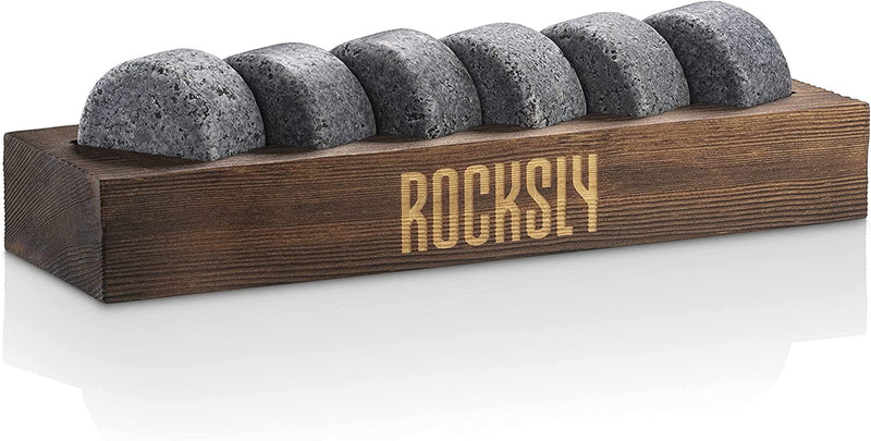 ROCKSLY Whiskey Stones Gift Set for Men | Whiskey Rocks Chilling Stones Set of 6 | Reusable Ice Cubes Chilling Rocks in a Wood Tray for Whiskey Lovers ,Christmas, Men, Dad, Boyfriend