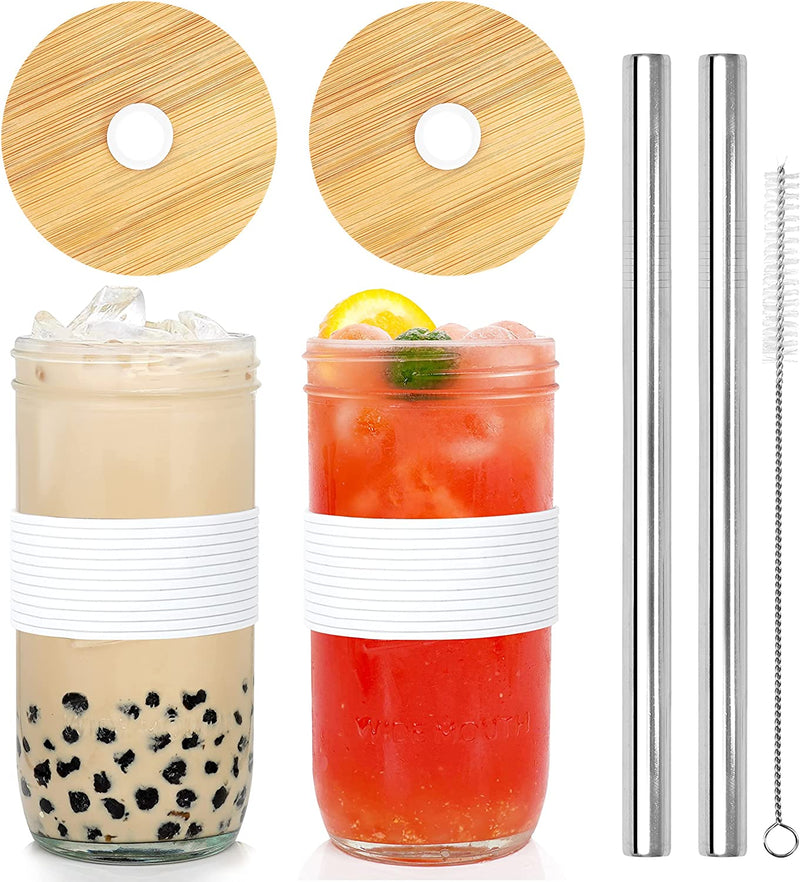 Mason Jar with Lid and Straw, ANOTION 32Oz Wide Mouth Boba Cup Reusable Drinking Glasses Tumbler Smoothie Water Bottles for Iced Coffee Margaritas Ice Cream Juice Cocktail Travel Office Home Home & Garden > Kitchen & Dining > Tableware > Drinkware ANOTION 2 Jars: Upgrade Bamboo Lid+White Non-Slip Cover  