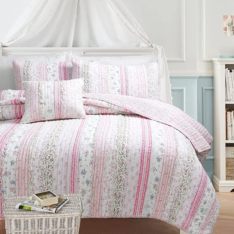 Cozy Line Home Fashions Pink Green Chic Ruffles Girl 100% Cotton Reversible Quilt Bedding Set, Coverlet, Bedspreads (Twin - 2 Piece: 1 Quilt + 1 Sham) Home & Garden > Linens & Bedding > Bedding Cozy Line Home Fashions Pink Lace King + Décor Pillows 