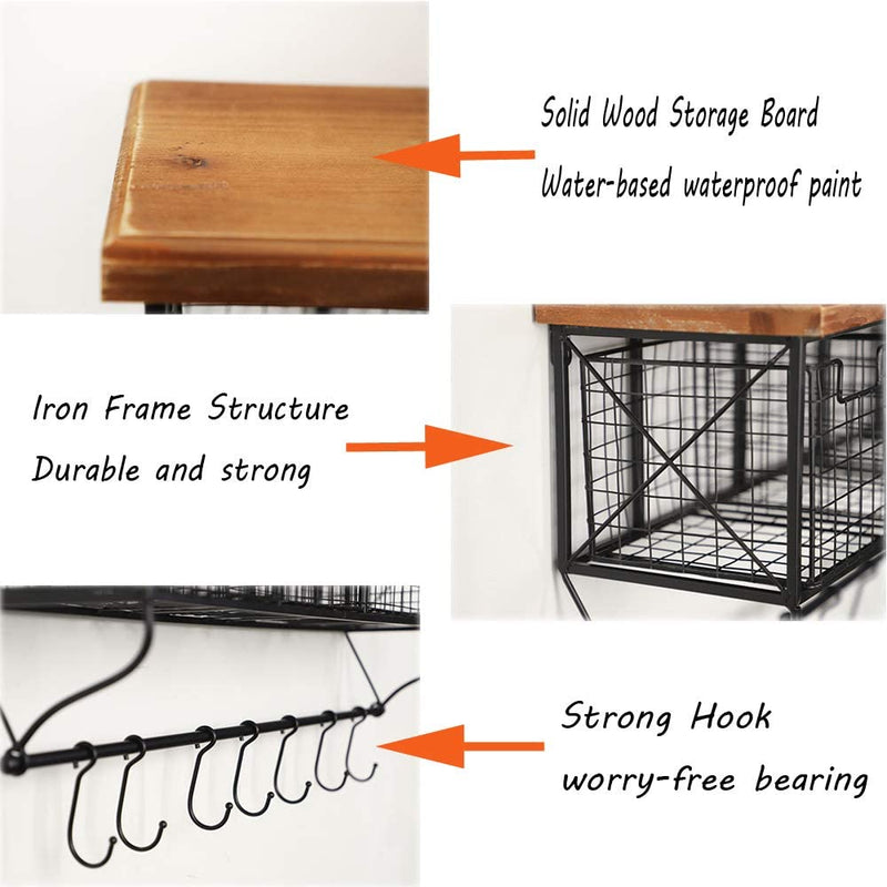 Industrial Wall Mounted Metal Wood Shelf with Baskets Hooks Hanging Storage Rack Display Shelf Sundries Holder for Coffee Bar Kitchen Office Bathroom Organization and Home Decor, Black Home & Garden > Household Supplies > Storage & Organization Ctystallove   
