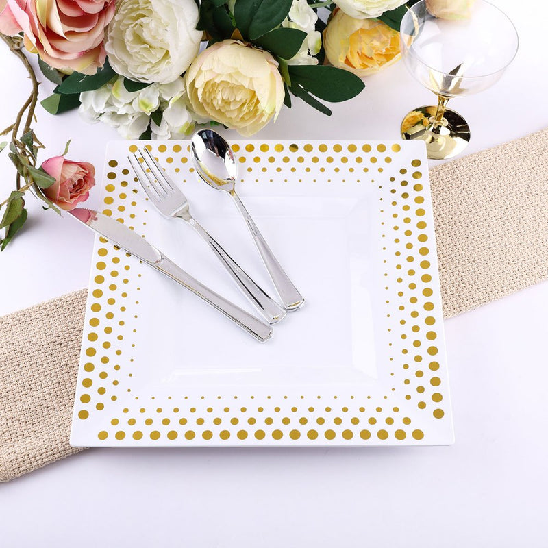 Efavormart 50 Pcs - White with Gold 6.5" Square Disposable Plastic Plate for Wedding Party Banquet Events - Hot Dots Collection Arts & Entertainment > Party & Celebration > Party Supplies Efavormart.com 10.5" White/Gold 