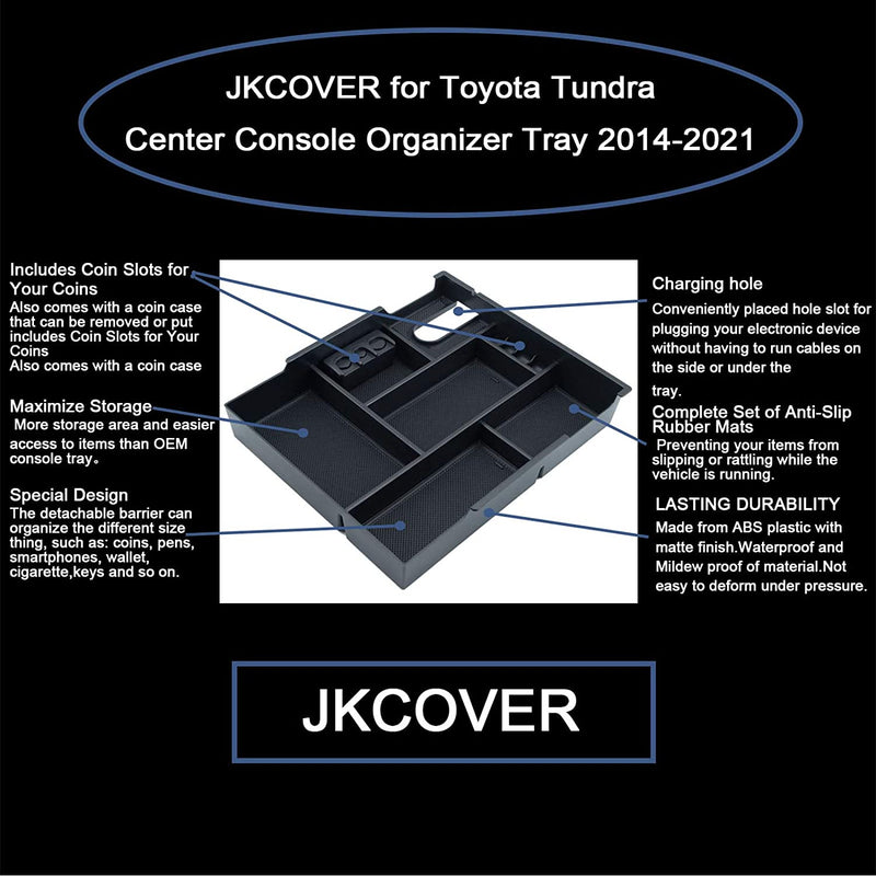 JKCOVER Compatible with Center Console Organizer Tray Toyota Tundra 2014 2015 2016 2017 2018 2019 2020 2021 Tundra Accessories,Insert ABS Black Materials Armrest Box Secondary Storage Sporting Goods > Outdoor Recreation > Winter Sports & Activities JC-TU-full-tray-black   