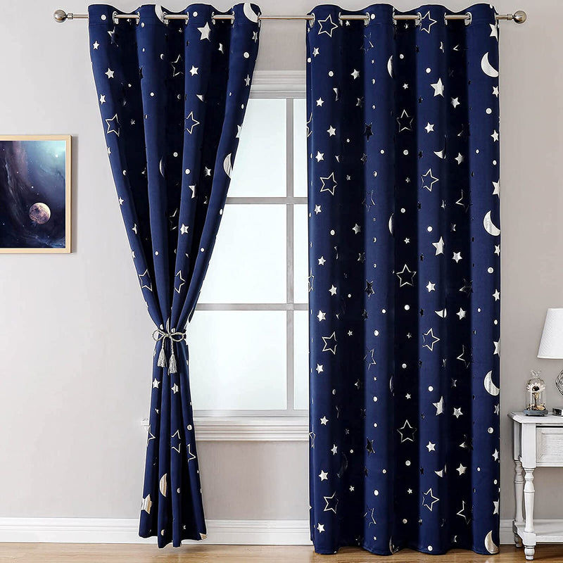 Navy Blue Blackout Galaxy Curtains 84 Inch for Nursery Bedroom, Soundproof Kids Room Darkening Grommet Constellation Curtain Drapes 2 Panels for Living/Dining Room Home & Garden > Decor > Window Treatments > Curtains & Drapes WUBODTI   