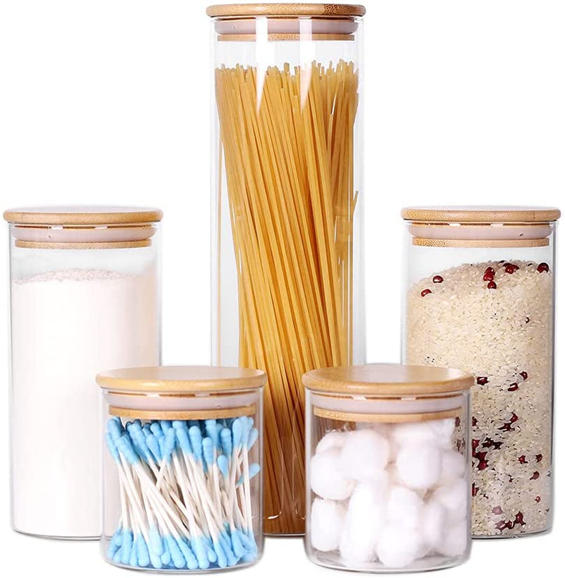LEAVES and TREES Y Stackable Kitchen Canisters Set, Pack of 5 Clear Glass Food Storage Jars Containers with Airtight Bamboo Lid for Candy, Cookie, Rice, Sugar, Flour, Pasta, Nuts Home & Garden > Decor > Decorative Jars LEAVES AND TREES Y 3.3 inches wide  