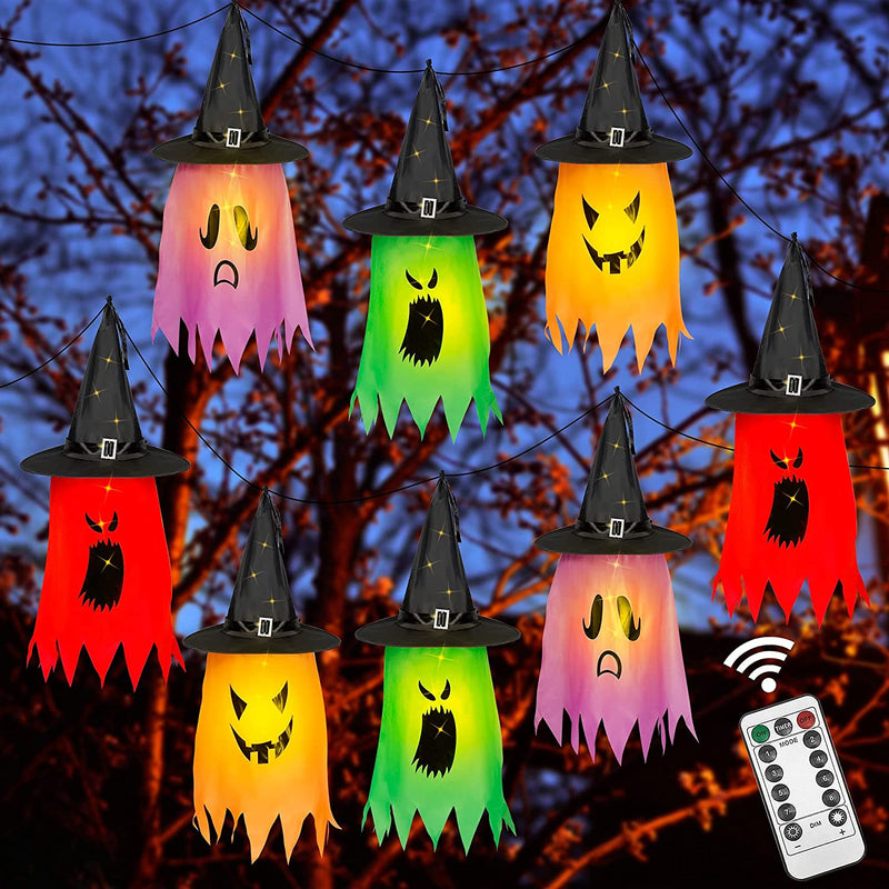 Twinkle Star Halloween Decorations 8 Pcs Lighted Hanging Witch Hats, 14Ft 56 Leds Halloween Indoor Outdoor Remote Control String Lights, Battery Powered with 8 Lighting Modes for Garden, Yard, Tree  Twinkle Star Witch Ghost Hats  
