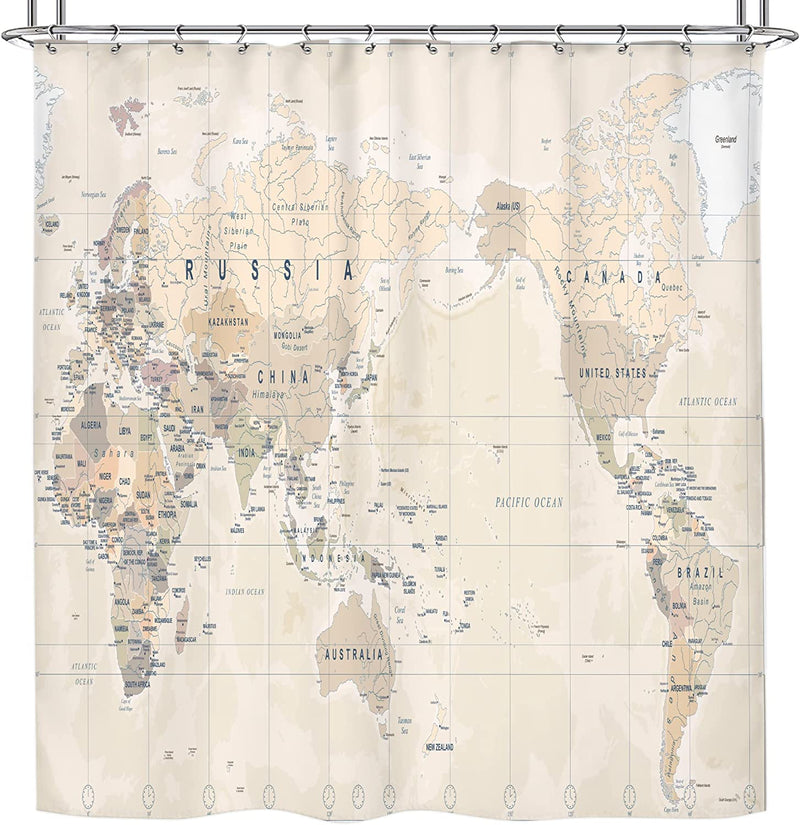 Riyidecor World Map Shower Curtain Travel Educational Vintage Geography Retro Countries Capital the Earth Decor Bathroom Fabric Set Polyester Waterproof Fabric 72Wx72H Inch 12 Pack Plastic Hooks Sporting Goods > Outdoor Recreation > Fishing > Fishing Rods Pan na   