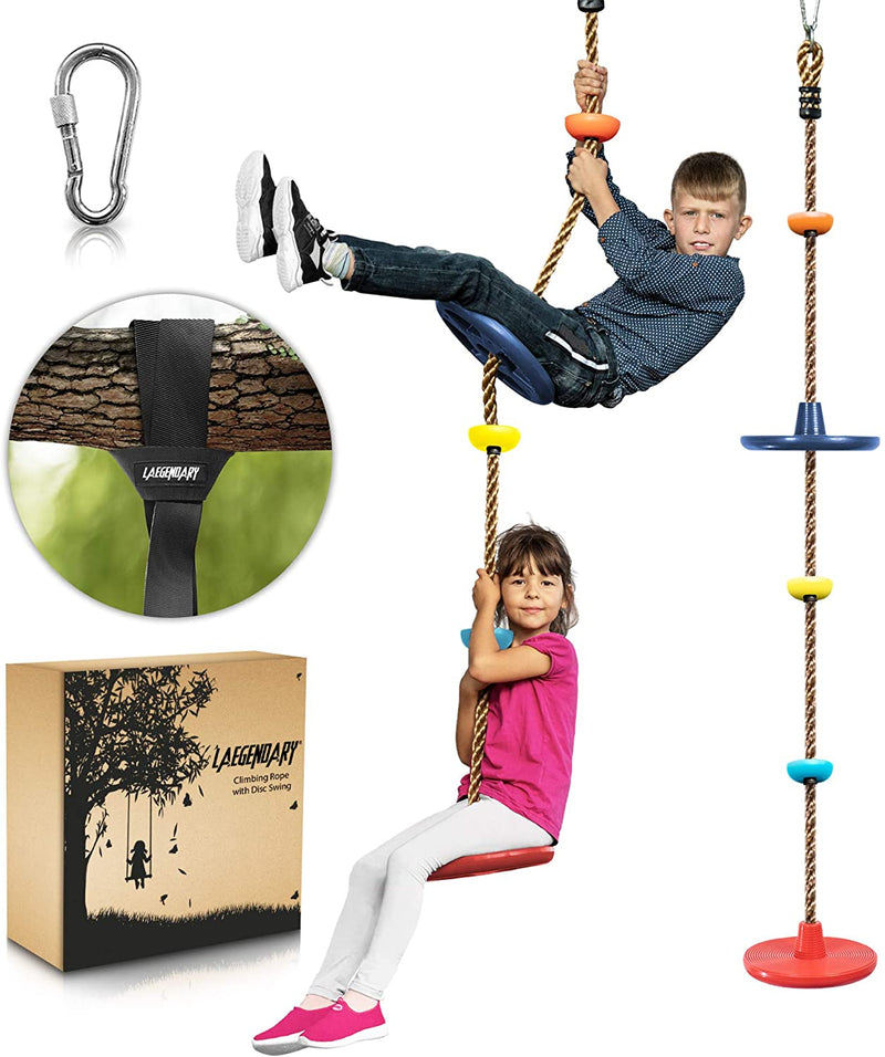 LAEGENDARY Tree Swing for Kids - Single Disk Outdoor Climbing Rope W/ Platforms, Carabiner & 4 Ft Tree Strap - Playground Accessories - Multicolored Sporting Goods > Outdoor Recreation > Winter Sports & Activities LAEGENDARY Colored - 2 Big Discs  