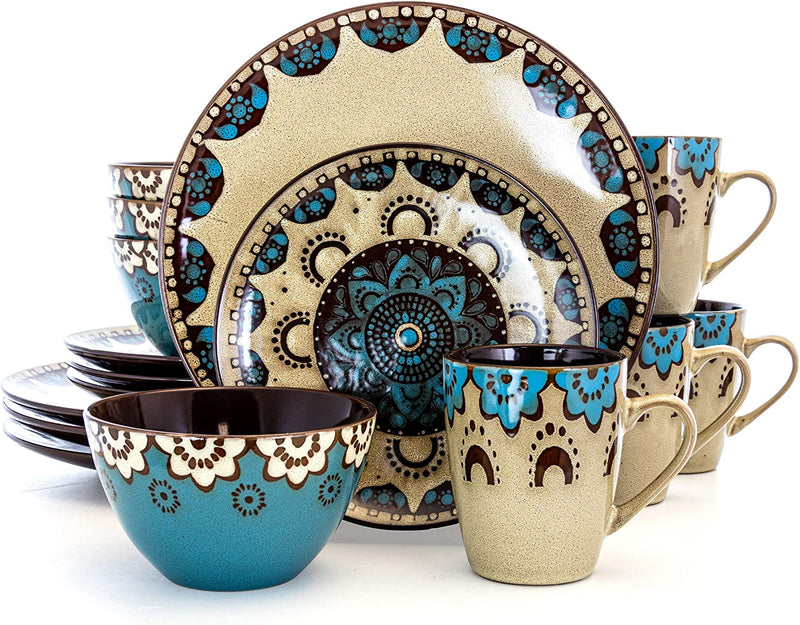 Elama CLAYHEART16 Clay Heart 16 Piece Luxurious Stoneware Dinnerware with Complete Setting for 4, 16Pc, Pc, Tan, Blue, Brown Home & Garden > Kitchen & Dining > Tableware > Dinnerware Elama   