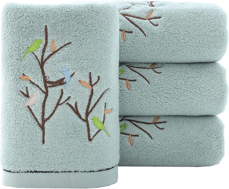 Pidada Hand Towels Set of 2 Embroidered Bird Tree Pattern 100% Cotton Highly Absorbent Soft Luxury Towel for Bathroom 13.8 X 29.5 Inch (Brown) Home & Garden > Linens & Bedding > Towels Pidada 4 Aqua Green 13.8 x 29.5 