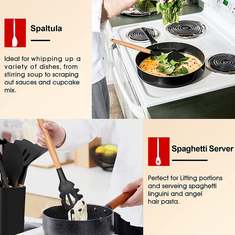 Cooking Utensils Set of 6, E-Far Silicone Kitchen Utensils with Wooden Handle, Non-Stick Cookware Friendly & Heat Resistant, Includes Spatula/Ladle/Slotted Turner/Serving Spoon/Spaghetti Server(Black) Home & Garden > Kitchen & Dining > Kitchen Tools & Utensils E-far   