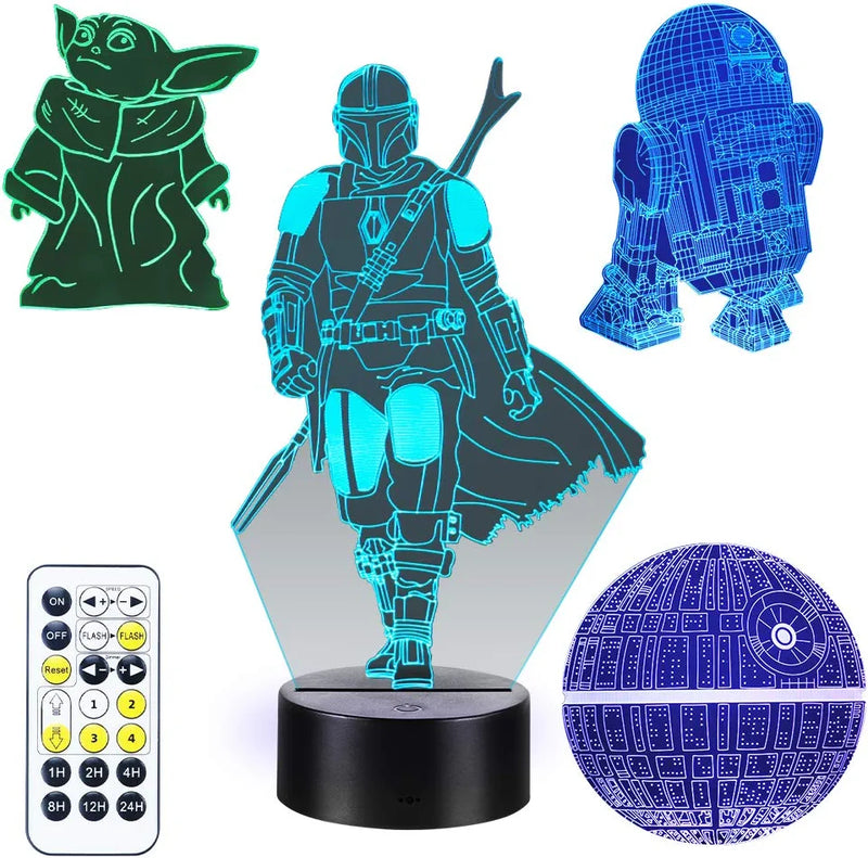 Star Wars 3D Illusion Lamp for Kids, 4 Patterns 3D Night Light with Timing Remote Control and 16 Color Changing Decor Lamp, Star Wars Toys Birthday and Christmas Gifts for Boys Men Kids Fans