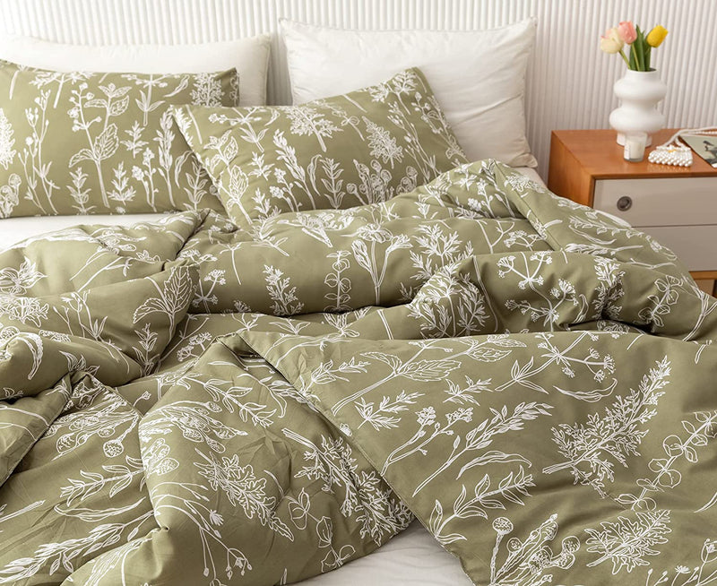 Janzaa Queen Comforter Sets Olive Green Comforter,3 PCS Bedding Sets Floral Comforter Set Plant Flowers Printed on Green Comforter Set