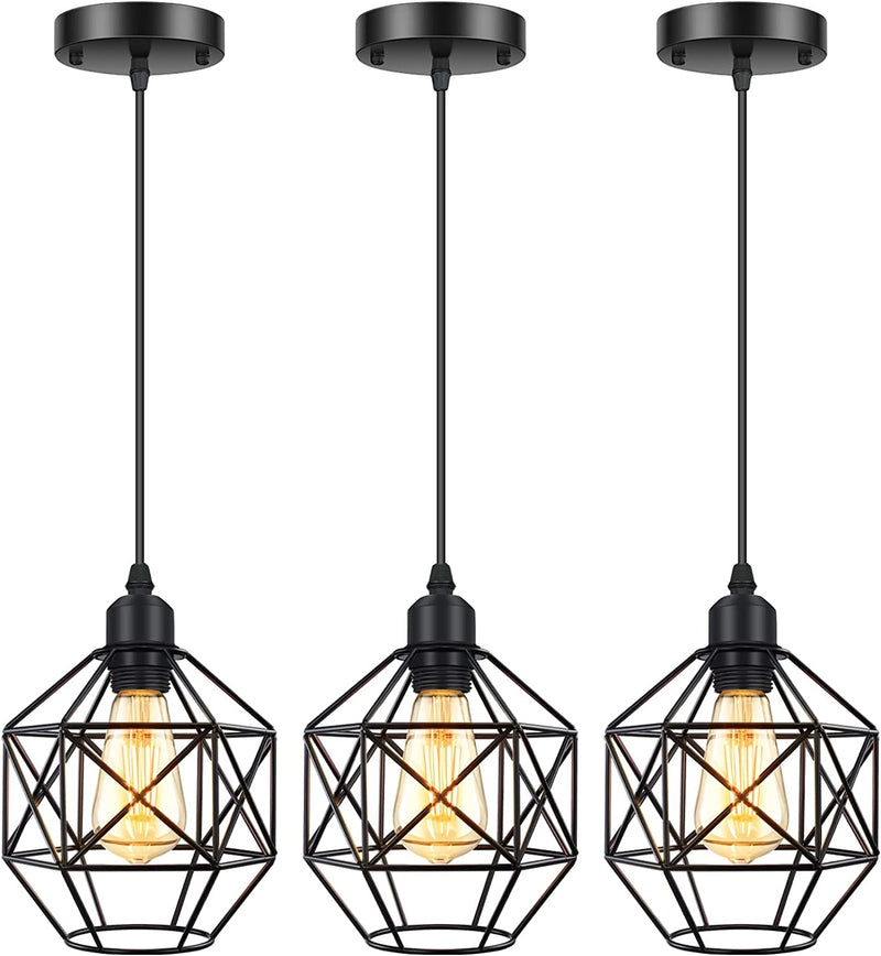Industrial Pendant Lighting 3 Pack, Adjustable Hanging Light Fixtures with Geometric Black Metal Shade, Farmhouse Pendant Light Ceiling Lamp for Kitchen Island, Dining Room, Bedroom