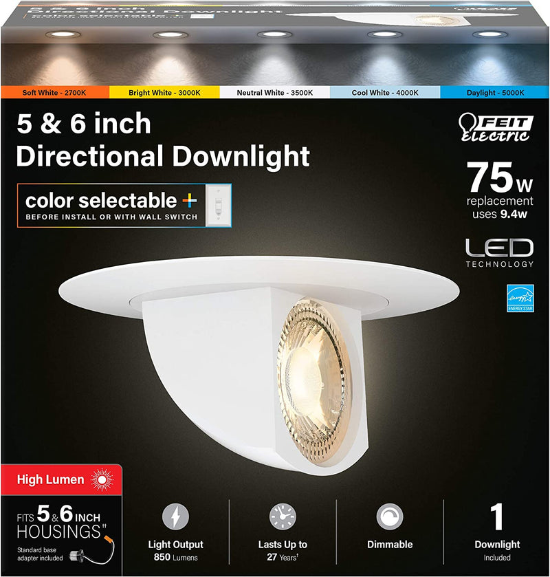 Feit Electric 5-6 Inch Adjustable Recessed LED Downlight - Selectable Color: Soft White, Cool White and Daylight - Pre-Mounted Trim - 50W Equivalent - 45 Year Life - 540 Lumen - High CRI Home & Garden > Lighting > Flood & Spot Lights Feit Electric   
