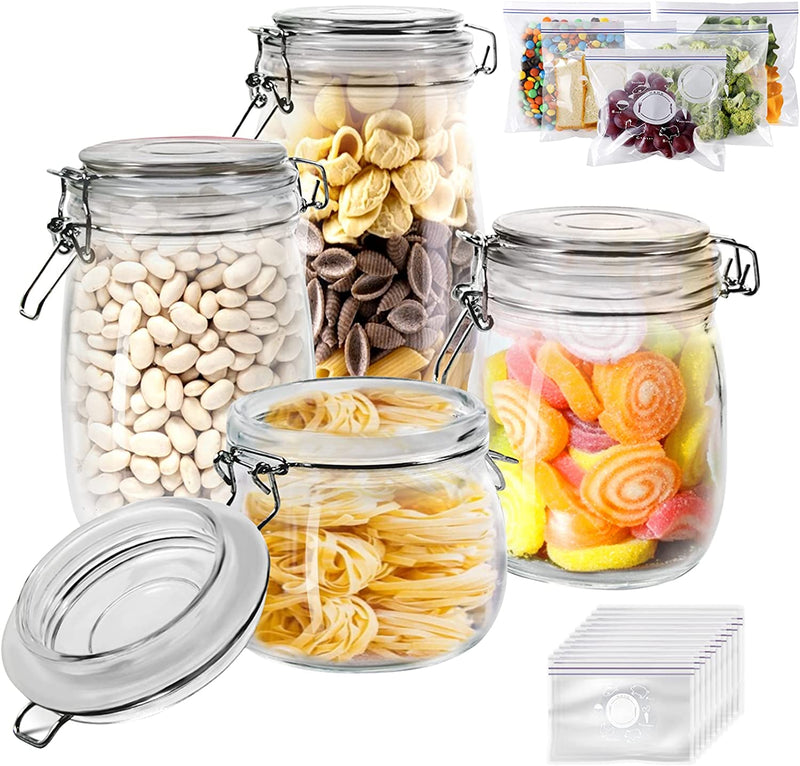 Masthome Glass Jars with Airtight Lids, Set of 4, Kitchen Preserving Storage Glass Canisters Bottles for Cereal Cookies Sugar Coffee Pickles Gifted 15 Pcs Food Storage Bags Home & Garden > Decor > Decorative Jars Masthome   