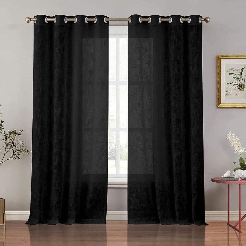 Melodieux Black Linen Textured Semi Sheer Curtains 84 Inches Long for Living Room Bedroom Rustic Flax Linen Grommet Voile Drapes, 52 by 84 Inch (2 Panels) Home & Garden > Decor > Window Treatments > Curtains & Drapes Melodieux Black 52x63 Inch 